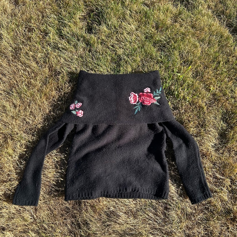 Black Off the Shoulder Sweater With Floral Details
